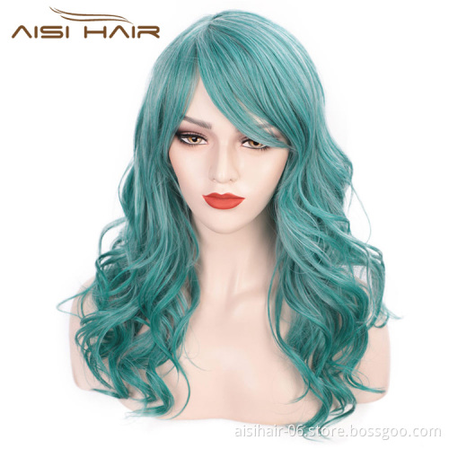 Aisi Hair Synthetic Long Wavy Lake Blue Wig for Woman Cosplay Wig Grey Green Blue Heat Resistant Fiber Wigs